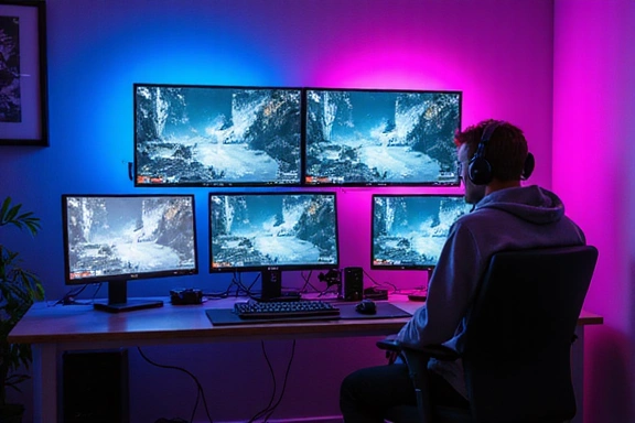 Setup de streaming moderne avec écrans multiples et éclairage RGB