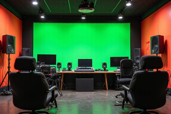Studio de streaming professionnel avec panneaux acoustiques et écran vert