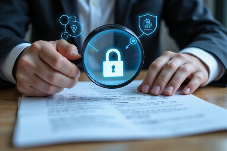 Illustration d'une personne lisant des documents légaux sur la protection des données